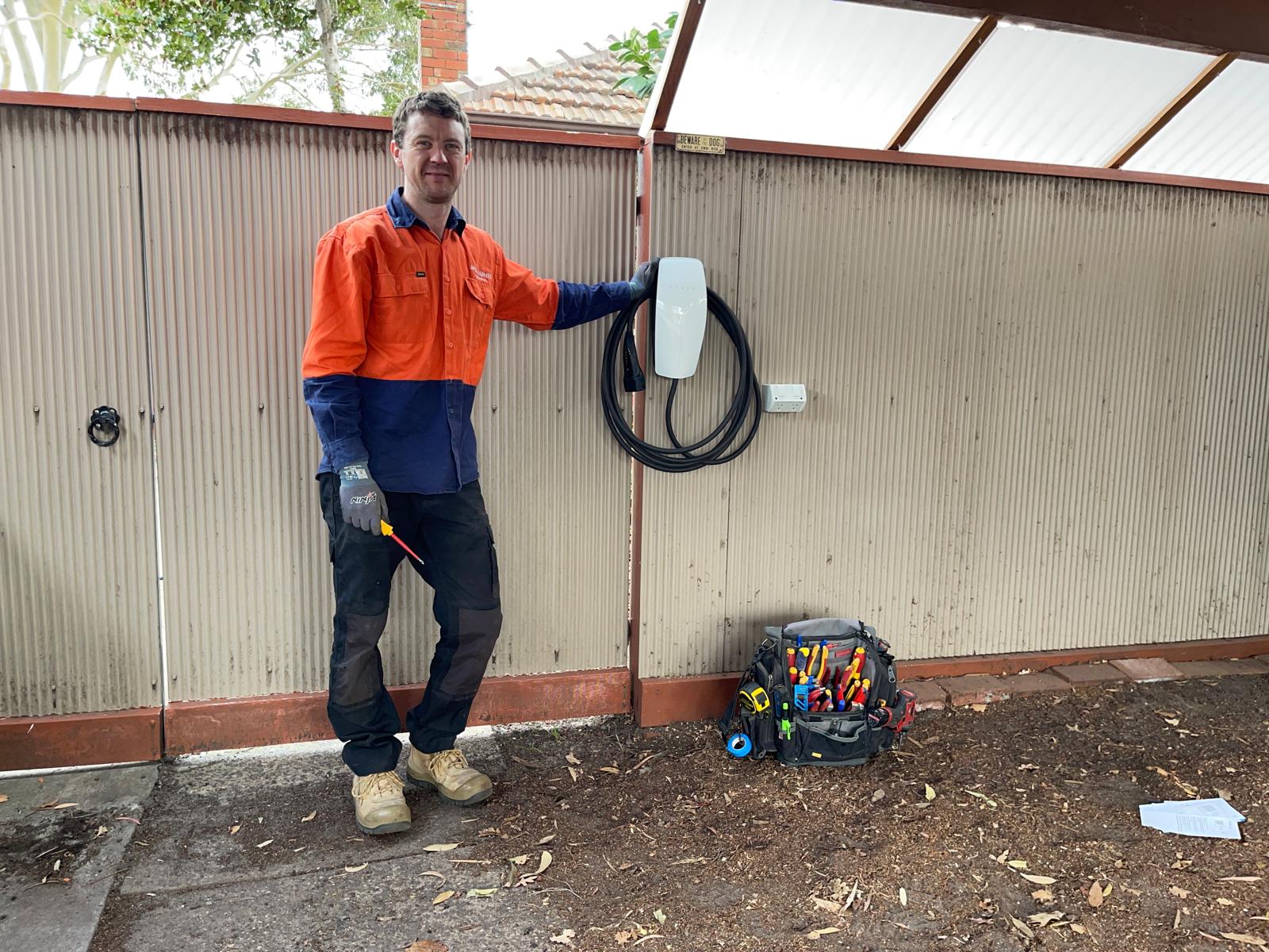 Tesla Wall Connector EV charger installed in a carport by Jack Jones Electrical, bayside Melbourne